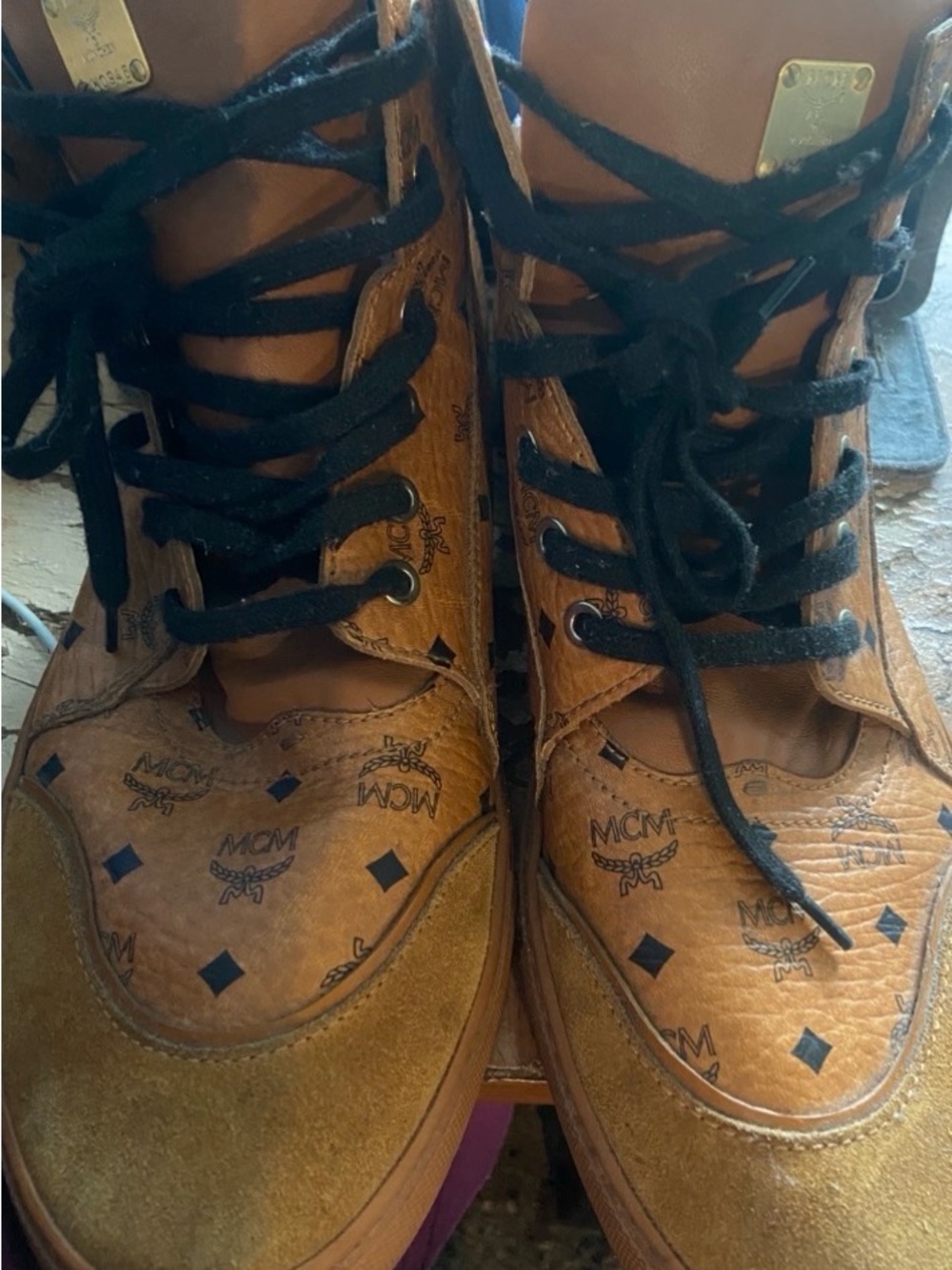 MCM Cognac Brown Monogram Leather High-Top Sneakers with Black Laces